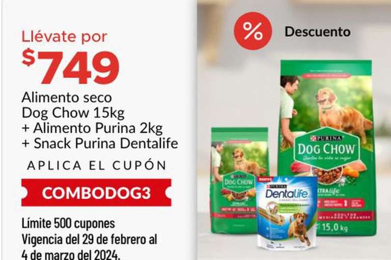 Soriana: Dos packs de 17kg dog chow + 2 snacks. 34 kg por 1020 = 30 pesos/kilo.