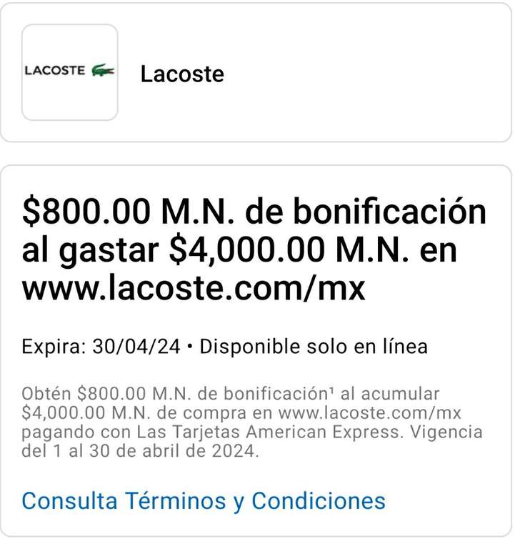 American Express: $800.00 M.N. de bonificación al gastar $4,000 en www.lacoste.com/mx