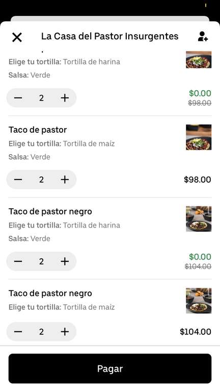 8 tacos de pastor tortilla mediana por 62 pesos en LA CASA DEL PASTOR | UBER EATS (MEMBERS ONE)
