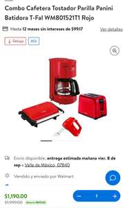Walmart: Combo Cafetera Tostador Parilla Batidora T-Fal WM801521T1 Rojo