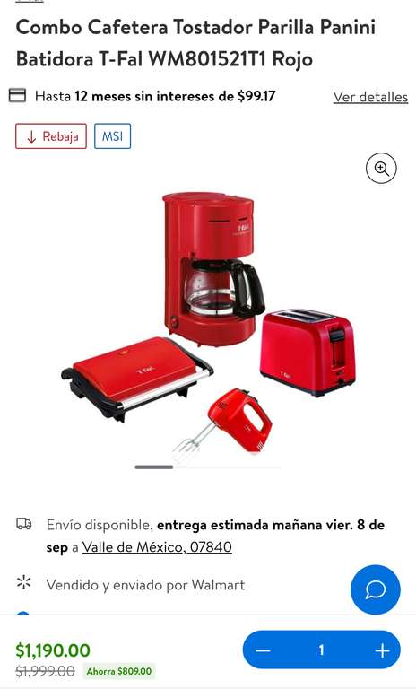 Walmart: Combo Cafetera Tostador Parilla Batidora T-Fal WM801521T1 Rojo
