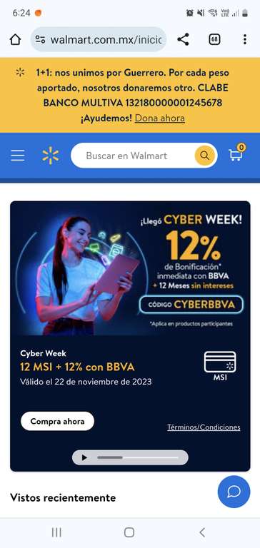 Walmart: Cyber Week 12% de Bonificación Inmediata con BBVA + 12 Meses sin Intereses