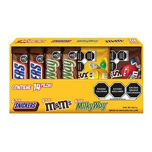 Amazon: Snickers - Caja Chocolates Snickers, Milky Way, M&Ms - 14 Piezas - 656.2g | envío gratis con Prime
