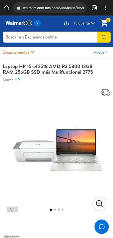 Walmart - Laptop HP 15-ef2518 AMD R3 5300 12GB RAM 256GB SSD más Mulifuncional 2775