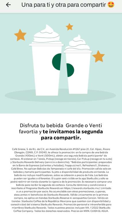 2x1 Starbucks bebidas grande y venti (App Starbucks)