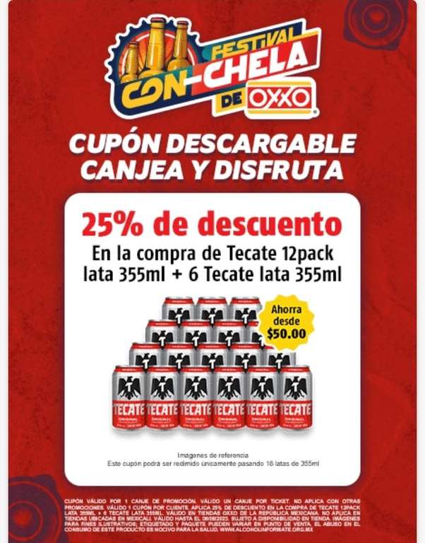 Oxxo: Cupón 25% de decuento en 12pack de Lata Tecate más 6 Latas de Tecate