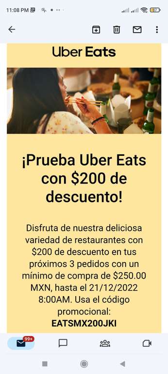 Uber Eats: Cupón $200 de descuento