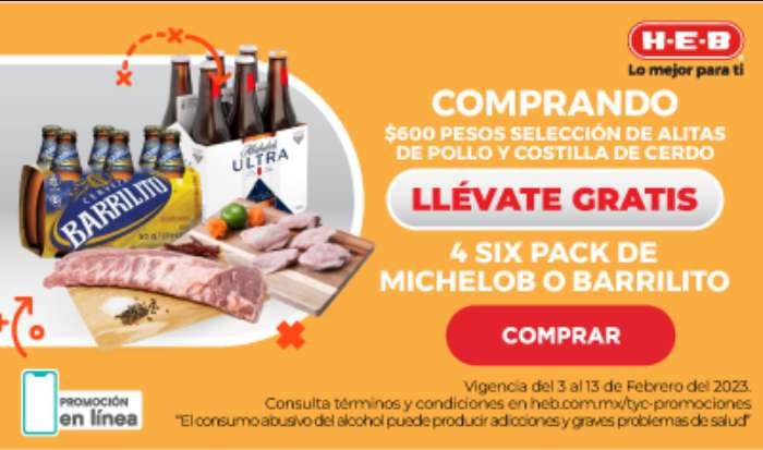 HEB: 24 Cervezas Michelob Ultra o Barrilito en la compra de 600 pesos de Alitas y Costilla de Cerdo
