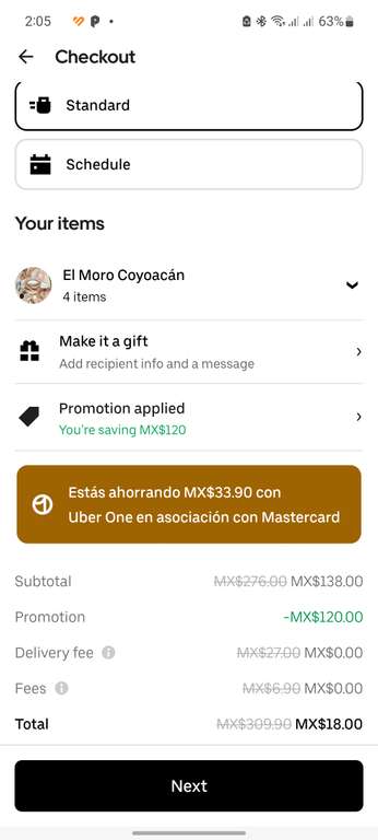 UberEats: (UberOne) El Moro 4 ordenes de moritos por $18 pesitos