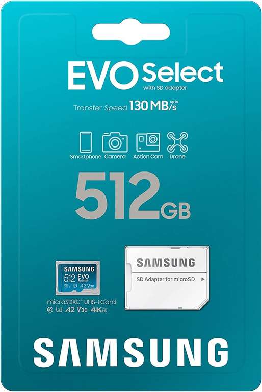 Amazon: SAMSUNG EVO Select Micro SD 512 GB microSD XC 130 MB/s Full HD y 4K UHD, UHS-I, U3, A2, V30 | Precio antes de pagar