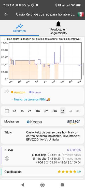 Amazon: Reloj Casio Edifice cronografo EFV620D-1A4V