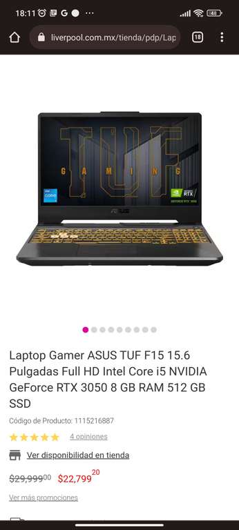 Liverpool: Laptop Gamer ASUS TUF F1 Intel Core i5 NVIDIA GeForce RTX 3050 8 GB RAM 512 GB SSD