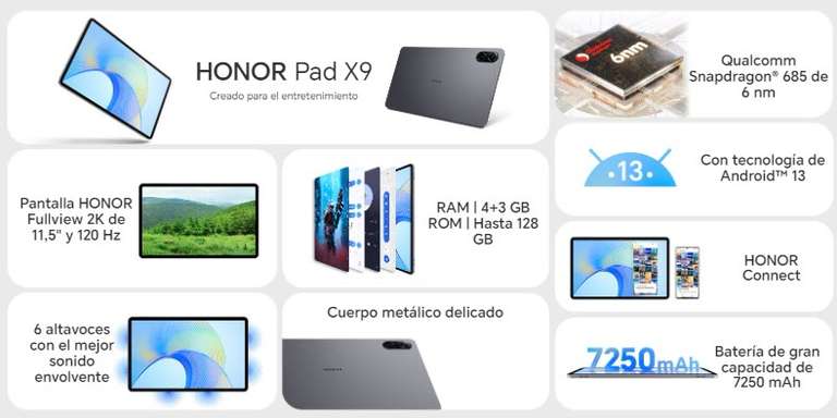 Elektra: HONOR - Pad X9 - Pantalla 11.5" 2K 120Hz - (7+128GB) - Snapdragon 685 - 6 Altavoces
