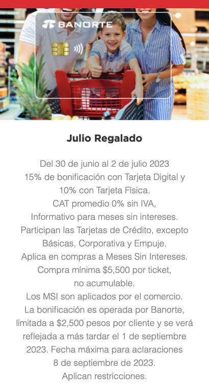 Banorte: Julio Regalado, 15% de bonificación con tarjeta digítal y 10% con tarjeta física