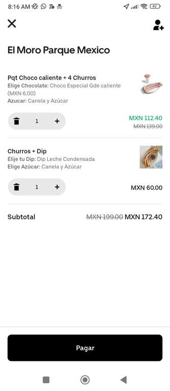 Uber eats CDMX poniente: Churrería El moro, churros + bebida grande + dip | Miembros One