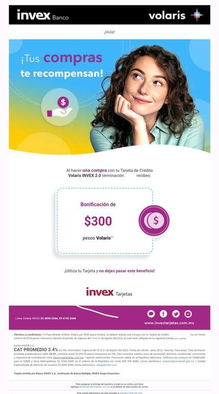 Volaris Invex 2.0 - Realiza una compra mínima de $700 y recibe $300 en monedero electrónico Volaris
