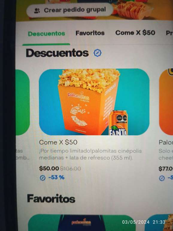 Rappi: Cinépolis: Palomitas con cheetos y refresco $77, Palomitas Cinépólis$110 (2x1), Come X $50