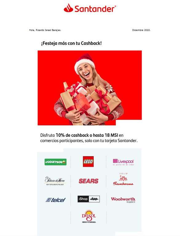 Santander: 10% cashback en comercios participantes