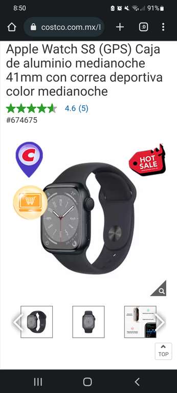 Costco: Apple Watch S8 (GPS) Caja de aluminio medianoche 41mm con correa deportiva color medianoche con cupon paypal y BBVA TDC