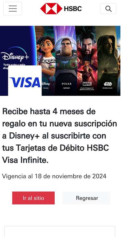 Hasta 4 meses de regalo en nueva suscripción Disney+ con Tarjeta de Débito HSBC Infinite