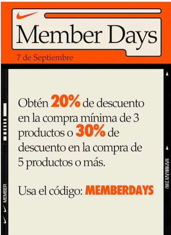 Nike [Member Days]: Obtén 20% de descuento al comprar 3 productos o 30% de descuento al comprar 5 o más productos.