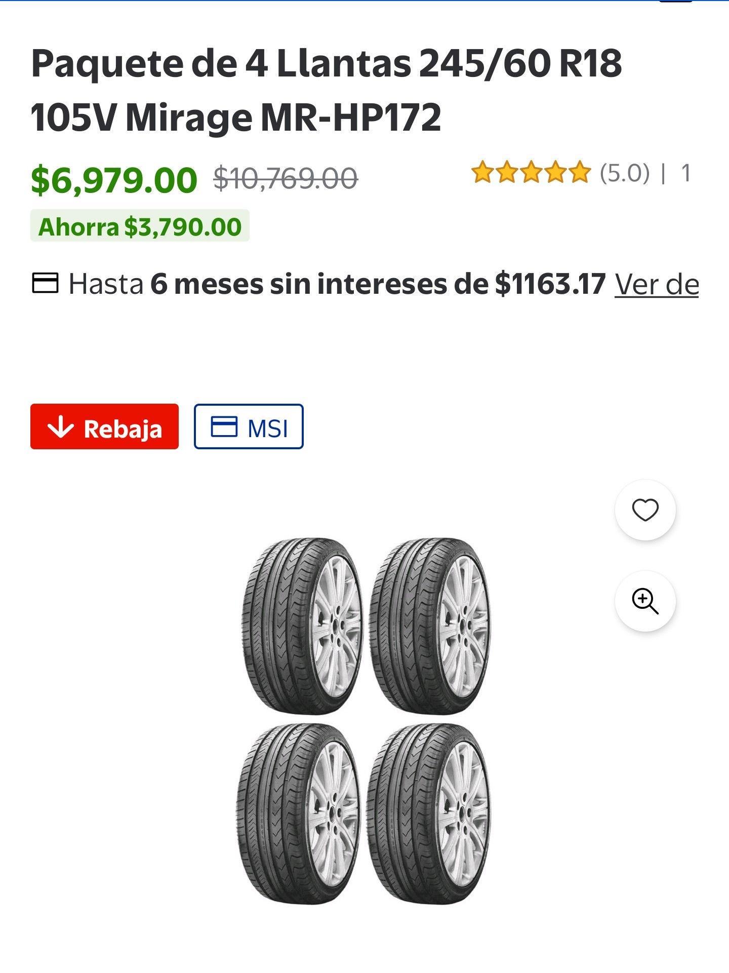 Walmart paquete de 4 llantas mirage 245/60R18
