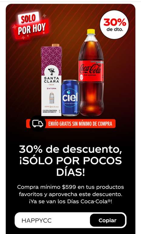 Coca Cola: 30% de descuento | compra mín $599