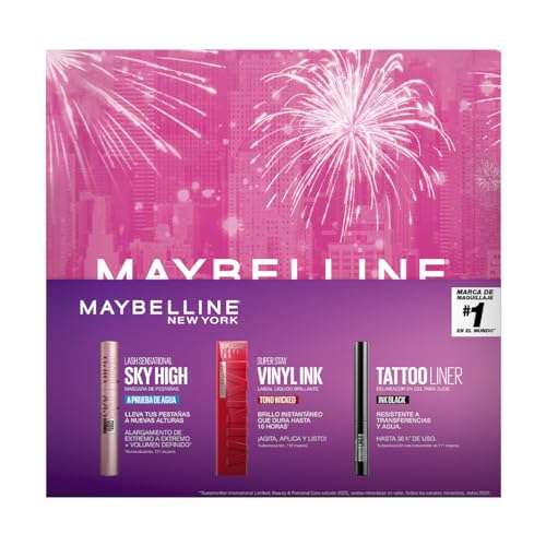 Amazon: Maybelline Kit Xmas (mascara de pestañas sky high + labial líquido Vinyl Ink + delineador líquido Tattoo Liner + Cosmetiquera