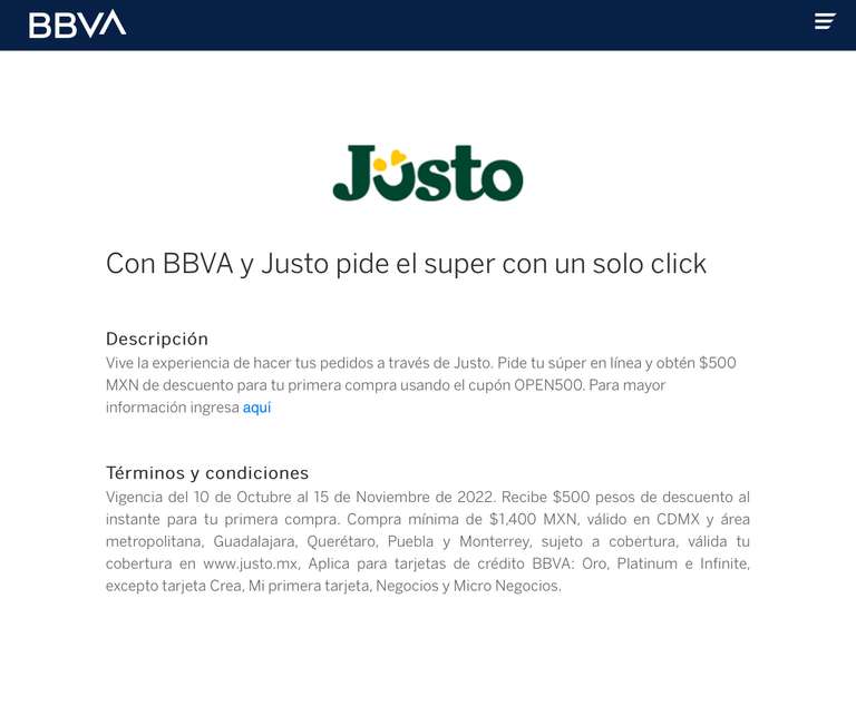 Jüsto: $500 de descuento usando el cupón de BBVA, en compra mínima de 1400