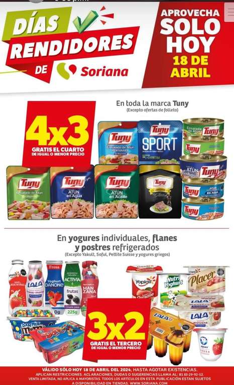 Soriana: Folleto Días rendidores (Solo 18 de Abril) | Ejemplo: 3x2 en yogures individuales, flanes y más; 4x3 en la marca Tuny