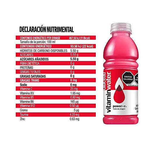 Amazon: Vitaminwater 6 Pack Bebida Adicionada Sabor Power-C, Fruta de Dragón 500 ml cada uno. -planea y ahorra