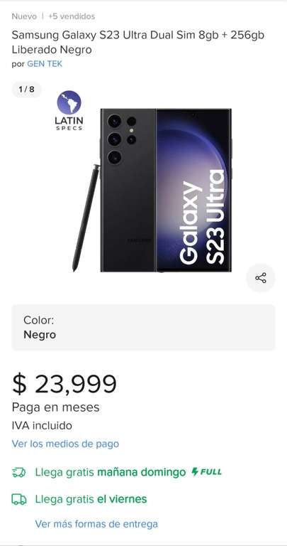 Mercado Libre: Samsung s23 ultra 256 GB 8 ram color negro
