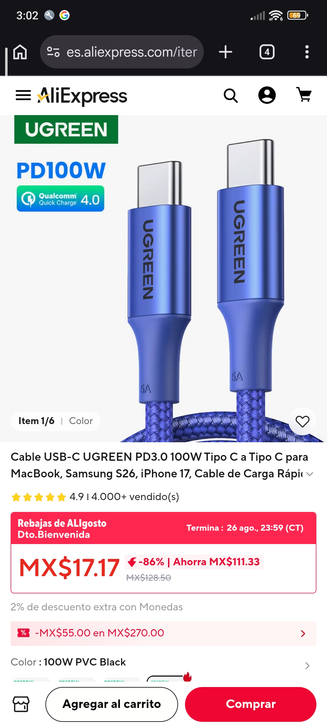 Aliexpress: Cable USB-C UGREEN PD3.0 100W Tipo C a Tipo C (Sección monedas)