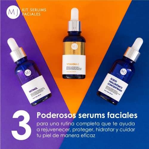 Amazon: Kit sueros faciales Acido Hialurónico, Retinol y Vitamina C + Vitamina E.