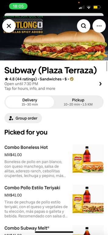 COMBOS SUBWAY A $41 en Uber Eats