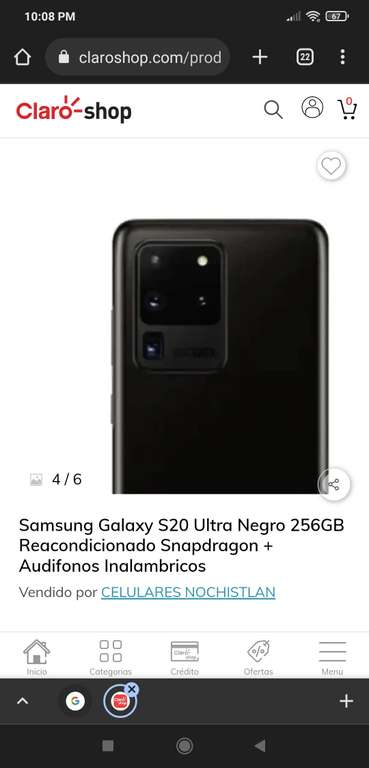 Claro Shop: Samsung Galaxy S20 Ultra Negro 256GB Reacondicionado Snapdragon + Audifonos Inalambricos con BANORTE 30% bonificación