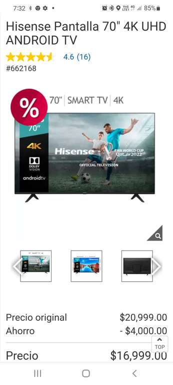 Costco: Hisense Pantalla 70" 4K UHD ANDROID TV