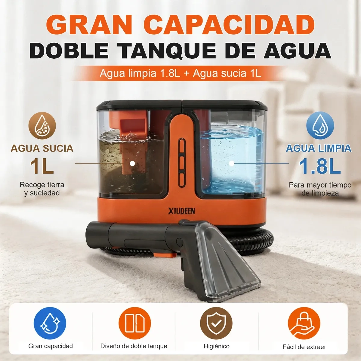 Mercado Libre: Aspiradora Lava Tapicería Y Alfombra 1000w 16KPa Inyección Succión Tanque Dual 1.8L/1L, Alfombras Y Auto