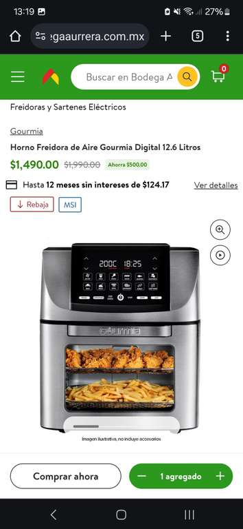 Bodega Aurrera: Horno Freidora de Aire Gourmia Digital 12.6 Litros $1,490.00