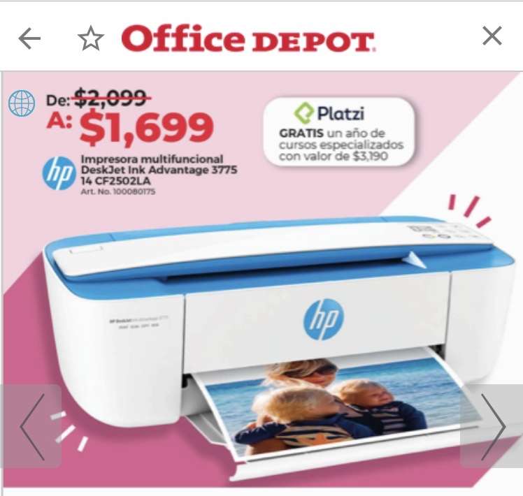 Office Depot: Impresora hp en rebaja con 1 año de platzi incluido