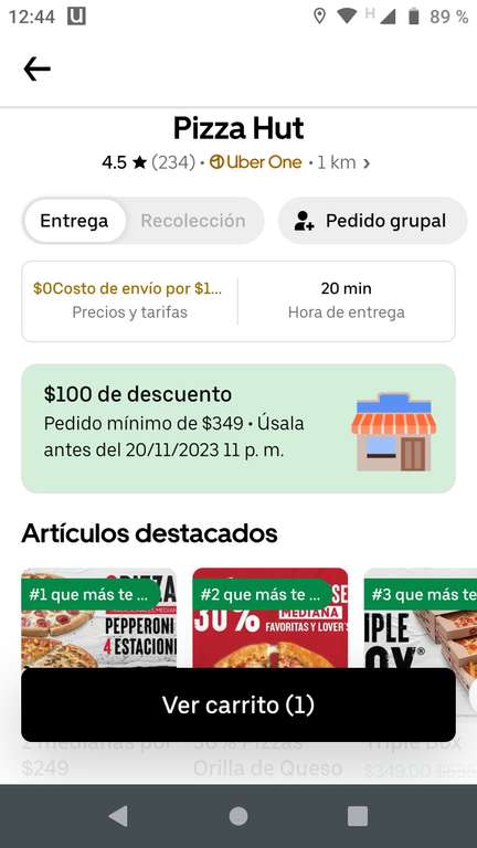 Pizza hut 2 pizzas por solo $150 en Uber Eats