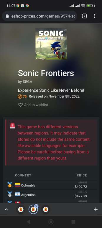 Nintendo Eshop Colombia: Sonic Frontiers