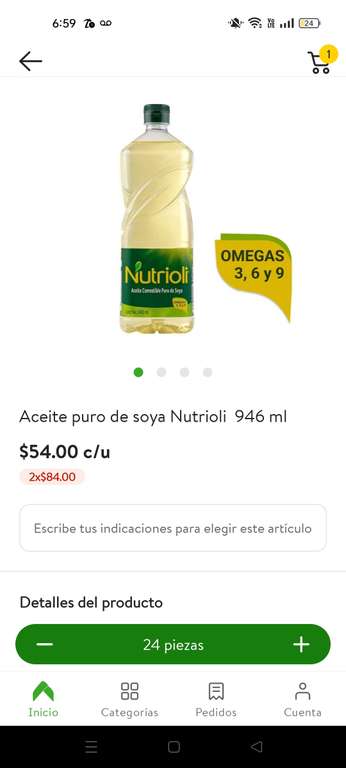 Bodega Aurrera: 2 botellas de Aceite nutrioli 946ml ($42 c/u)