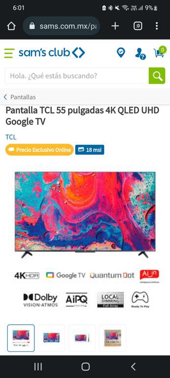 Sam's: Pantalla TCL 55 pulgadas 4K QLED UHD Google TV Quantum debito
