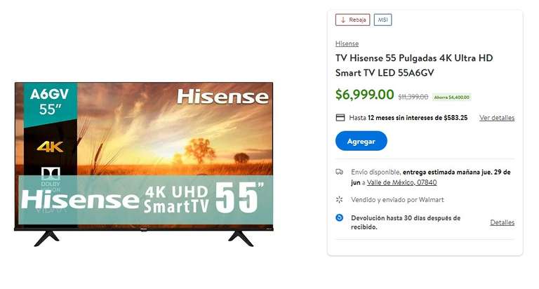 Walmart: TV Hisense 55 Pulgadas 4K Ultra HD Smart TV LED 55A6GV