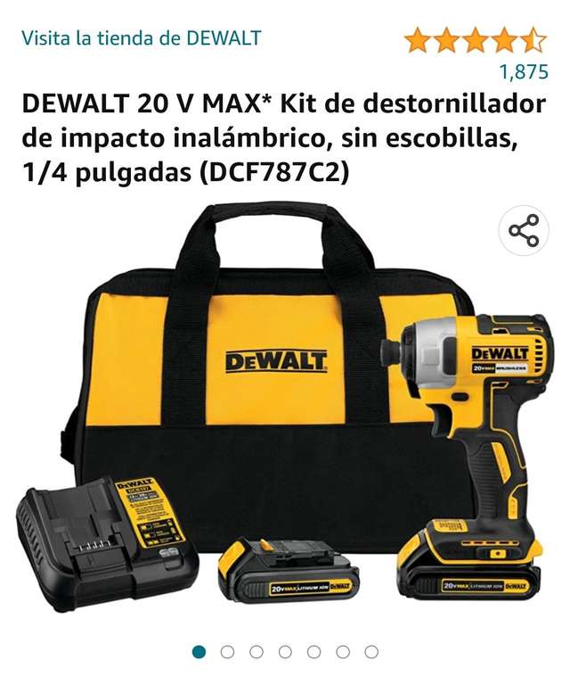 Amazon: DEWALT 20 V MAX* Kit de destornillador de impacto inalámbrico, sin escobillas, 1/4 pulgadas (DCF787C2)