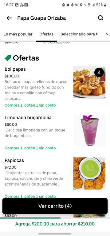 Uber Eats (uber one): Papa guapa Orizaba, 4 bolipapas y dos aguas frescas
