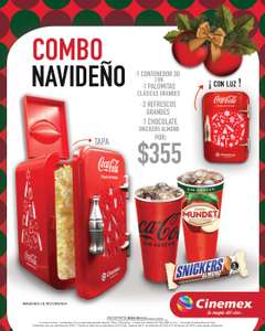 Cinemex Combo Navideño: palomera con luces de Coca-Cola + 2 refrescos grandes + palomitas grandes + Snickers