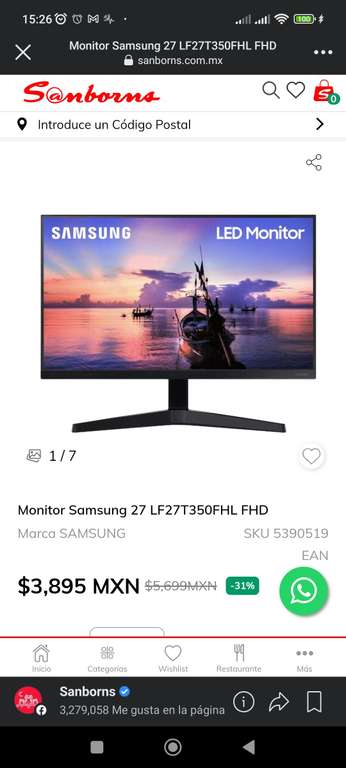 Sanborns: Monitor Samsung de 27 pulgadas FHD. Online y físico.