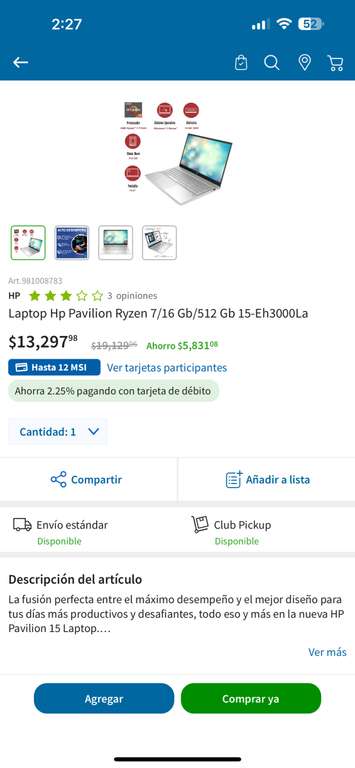 Sam's Club: Laptop HP Pavilion Ryzen 7/16 GB/512 GB 15-eh3000la